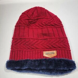 SONG TING Hat Beanie Knit Mens One Size Red Fleece Lined Thermal Winter Warm